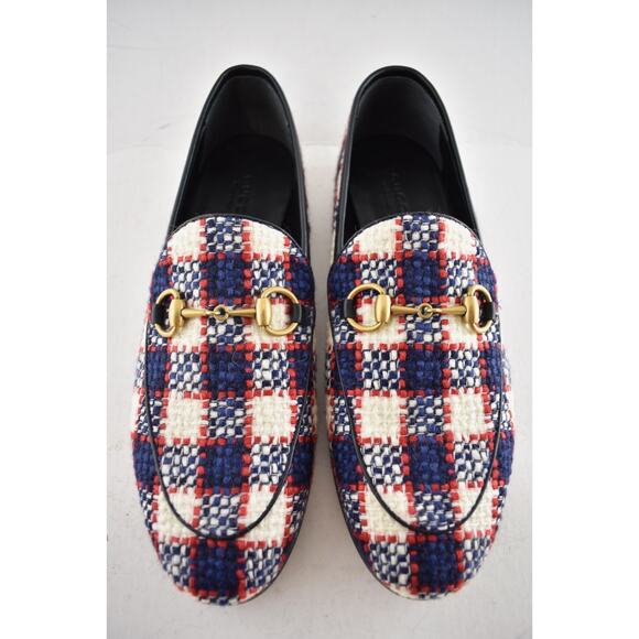 Gucci New Jordaan Blue Red White Black Tweed Check Loafer Mule Slipper Flat 38.5 - Picture 7 of 14